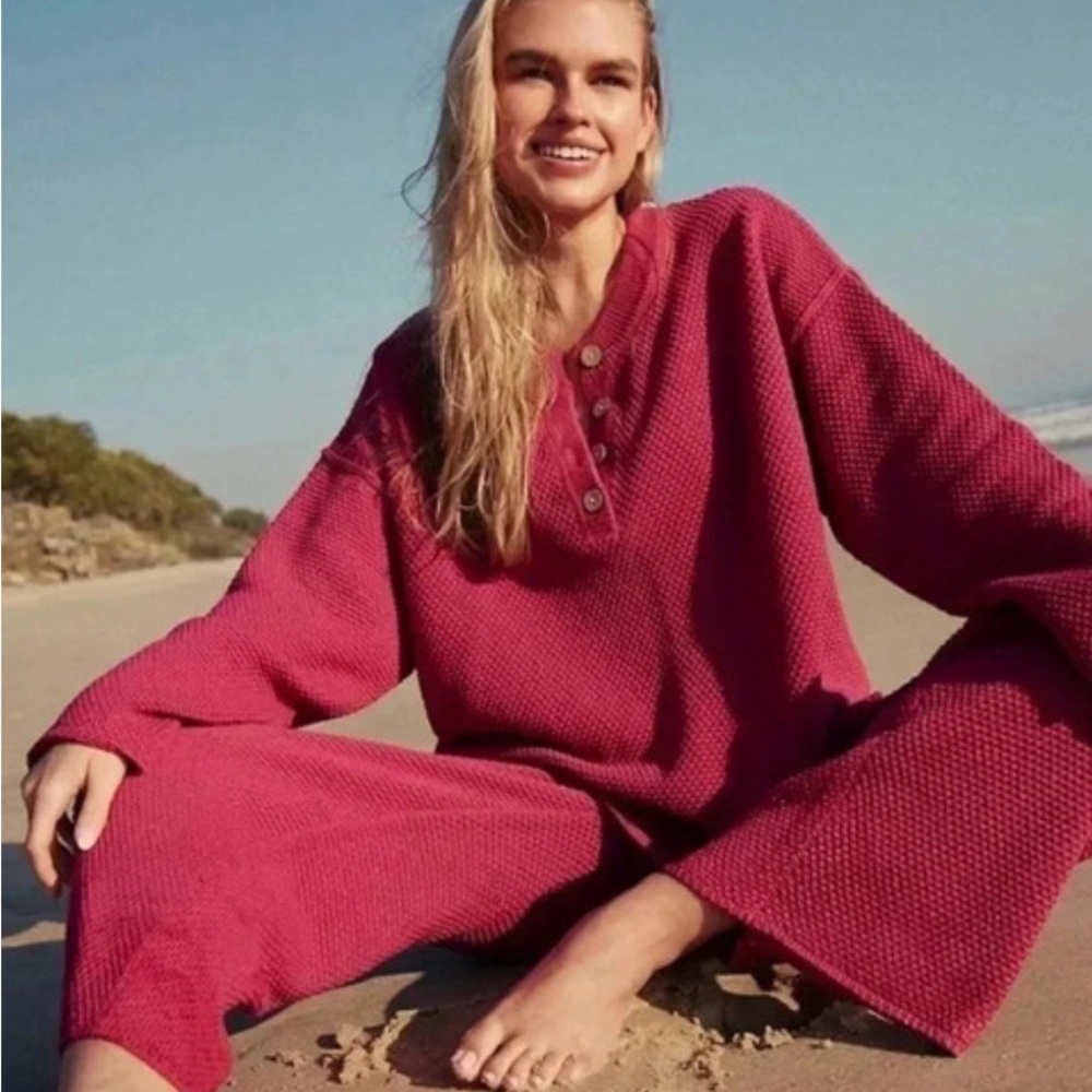 Free People Hailee Large Long Sleeve Top Raspberry Deep Pink Sweater Sweatshirt